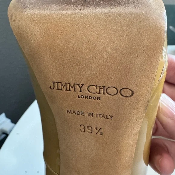 Jimmy Choo Peep Toe Stilettos, Tan Patent Leather, size 9 (39.5) - Picture 4 of 7